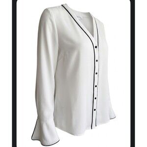 Calvin Klein Women's White Blouse Long Sleeve Black Trim Shirt Size S Small